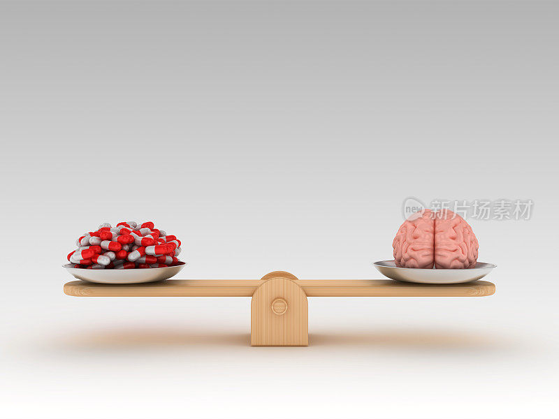 跷跷板规模与人脑和药丸- 3D渲染